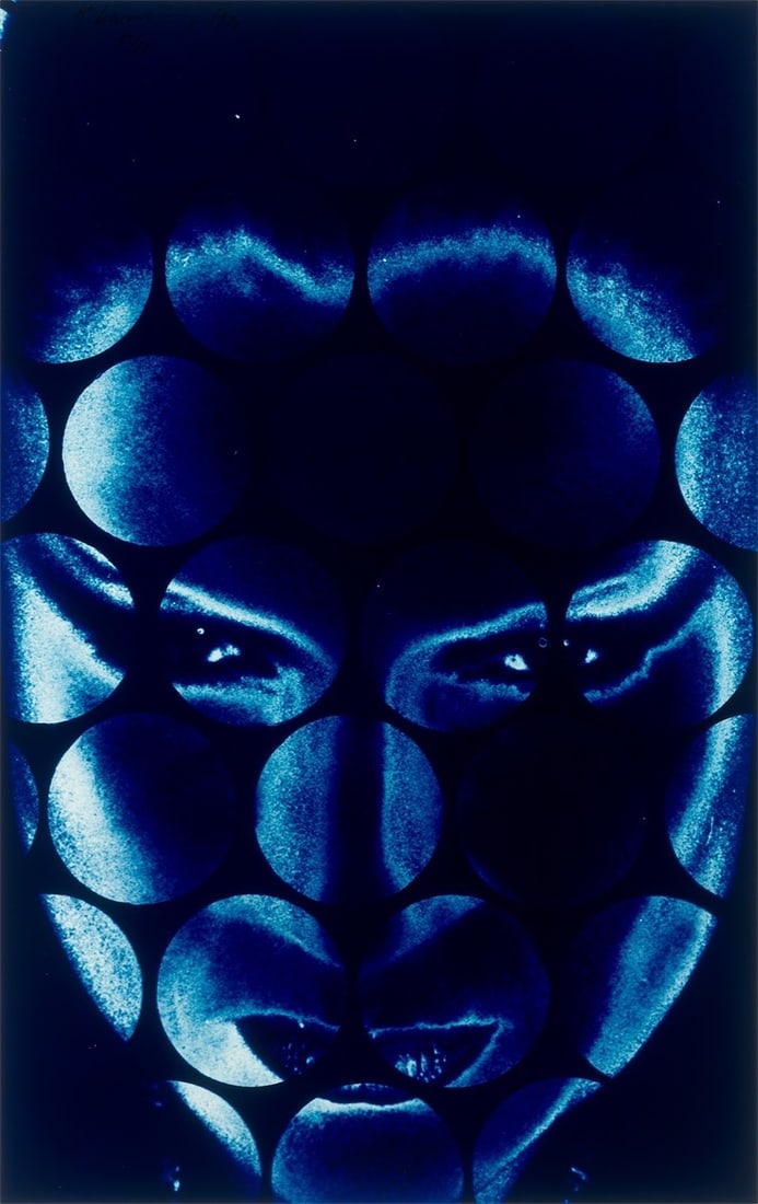 Katharina Sieverding. ”Edition IX (Blue)”. 1990: Katharina Sieverding (Prague 1944 – lives in Düsseldorf and Berlin). ”Edition IX (Blue)”. 1990 C-print on Kodak paper. 99,8 × 62,9 cm