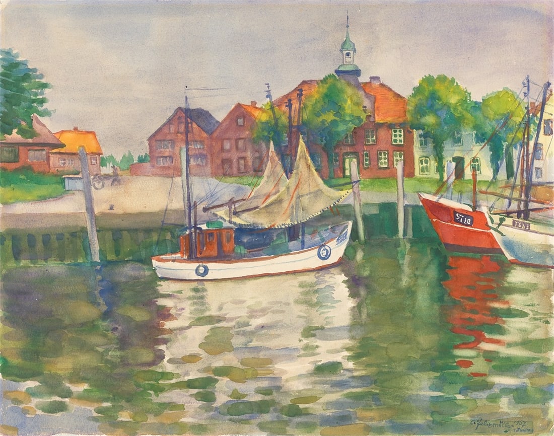 Conrad Felixmüller. ”Hafen von Tönning”. 1967: Conrad Felixmüller (Dresden 1897 – 1977 Berlin). ”Hafen von Tönning”. 1967 Watercolour on heavy paper. 39,9 x . 50,6 cm (15 ¾