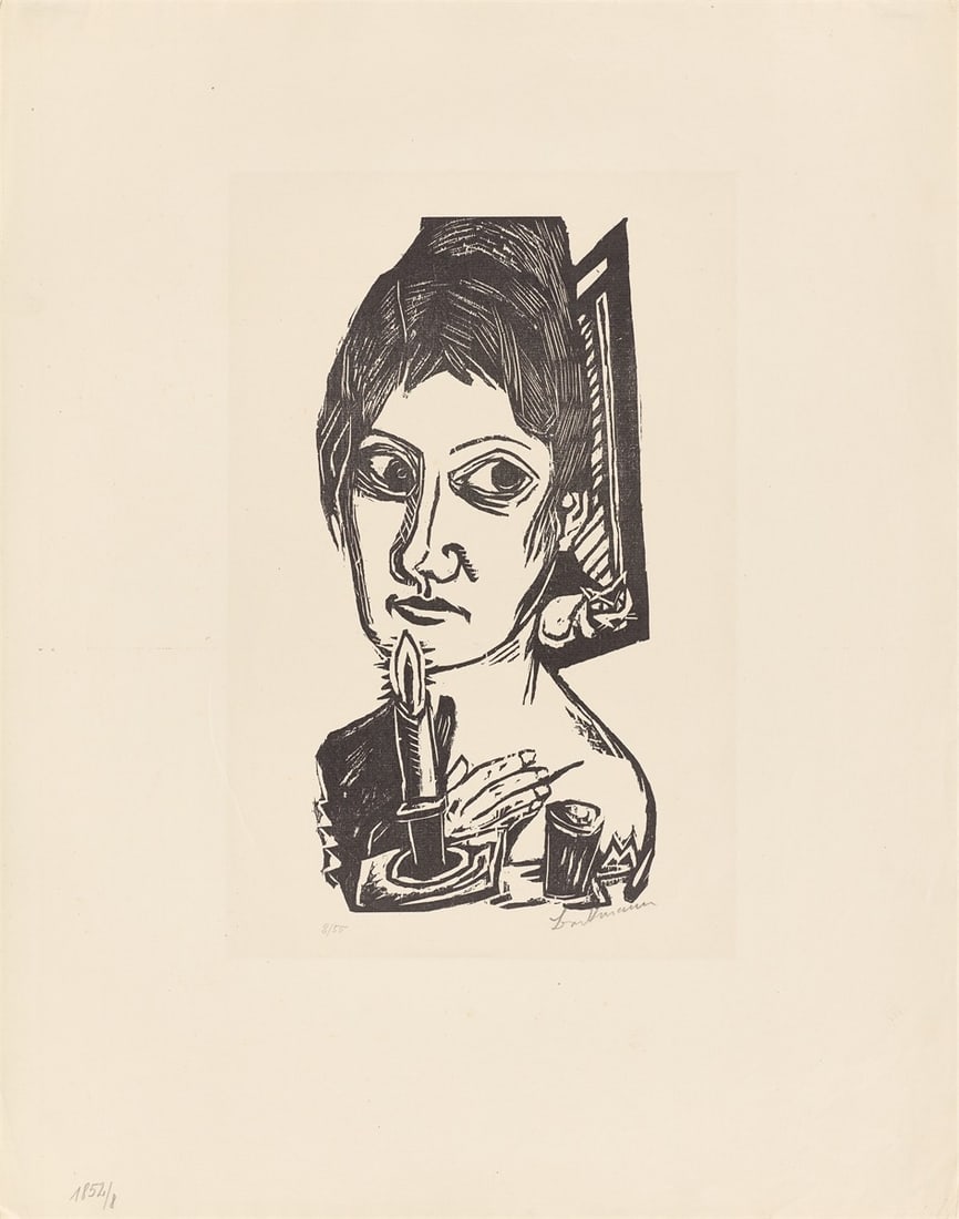 Max Beckmann. ”Frau mit Kerze”. 1920: Max Beckmann (Leipzig 1884 – 1950 New York). ”Frau mit Kerze”. 1920 Woodcut on thin laid paper. 30,1 × 14,9 cm (53 × 42 cm)