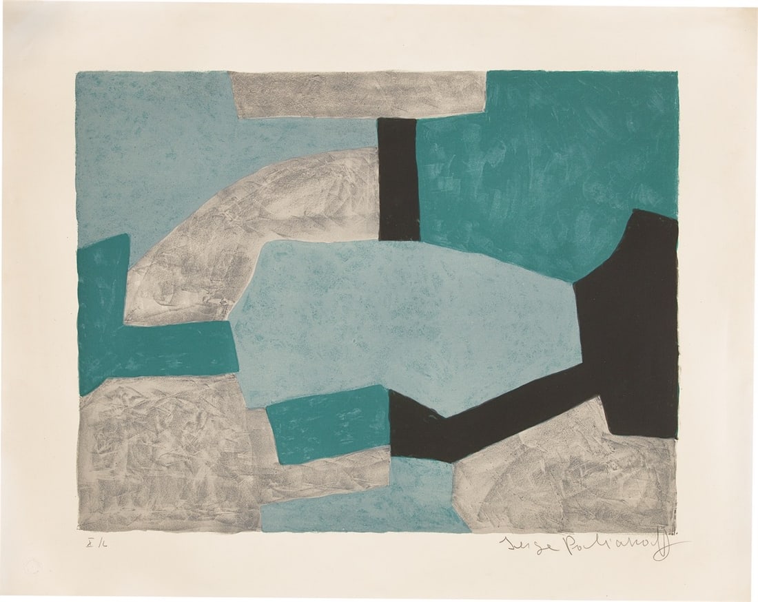 Serge Poliakoff. ”Composition grise, verte et bleue”. 1966: Serge Poliakoff (Moscow 1900 – 1969 Paris). ”Composition grise, verte et bleue”. 1966 Colour lithograph on BFK Rives wove paper. 48,5 × 62,8 cm