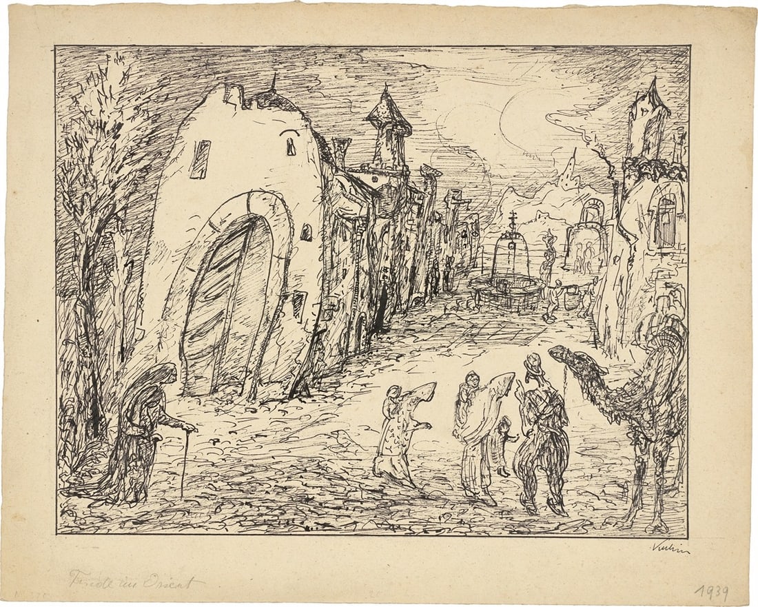 Alfred Kubin. ”Friede im Orient”. 1939 ?: Alfred Kubin (Leitmeritz/Czech Republic 1877 – 1959 Zwickledt/Austria). ”Friede im Orient”. 1939 ? Pen and India ink on the back of a typographically printed and trimmed sheet.