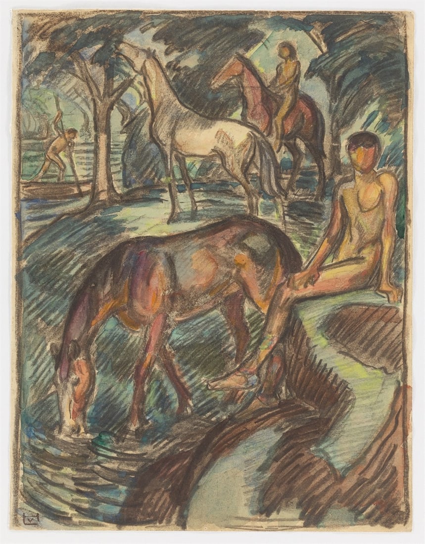 Ludwig von Hofmann. Reiter und Pferde am Wasser (Riders and horses by the water). Circa 1908 - 2