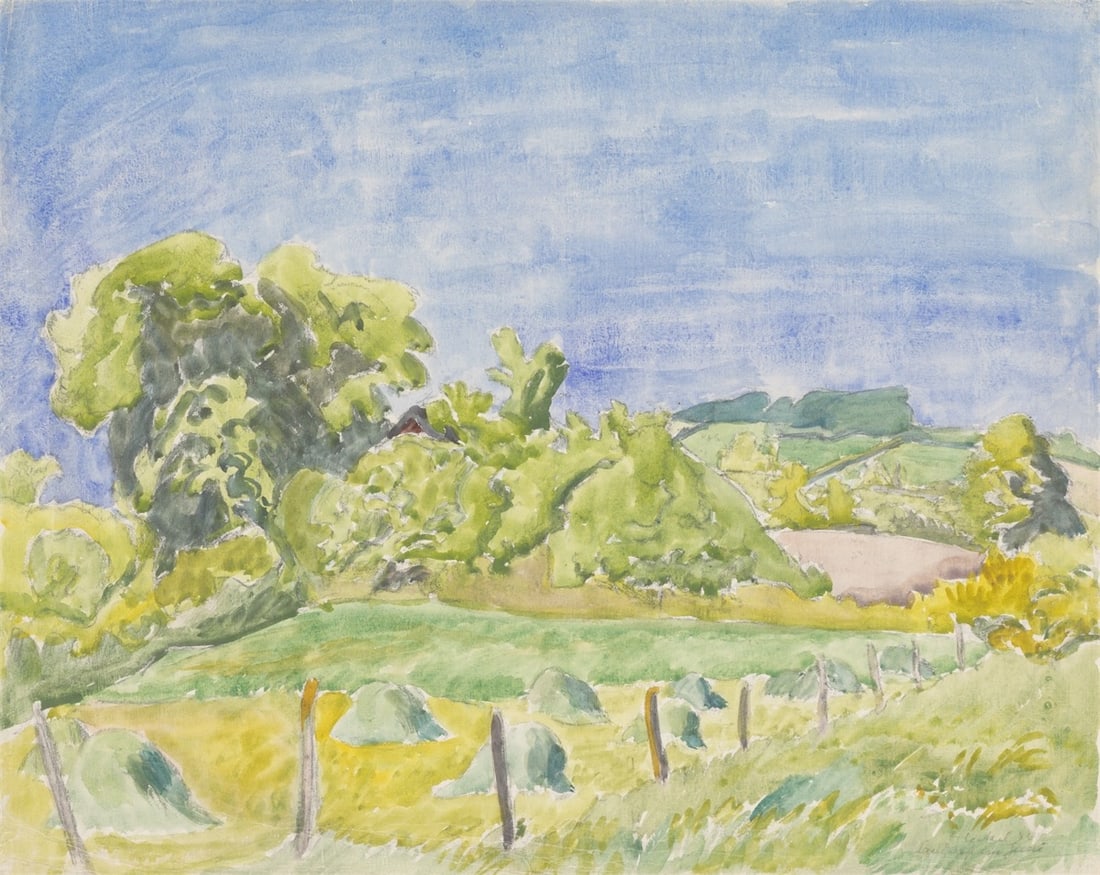 Erich Heckel. ”Landschaft im Juni”. 1940: Erich Heckel (Döbeln 1883 – 1970 Radolfzell on Lake Constance). ”Landschaft im Juni”. 1940 Watercolour over charcoal on laid paper. 55,5 × 69,7 cm