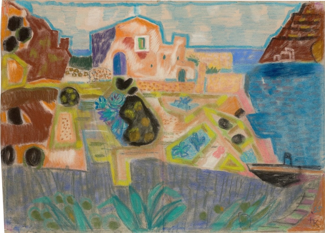 Ida Kerkovius. Sant' Angelo auf Ischia . 1955: Ida Kerkovius (Riga 1879 – 1970 Stuttgart). Sant' Angelo auf Ischia . 1955 Pastel crayon on ivory-coloured paper. 50,4 × 70,4 cm