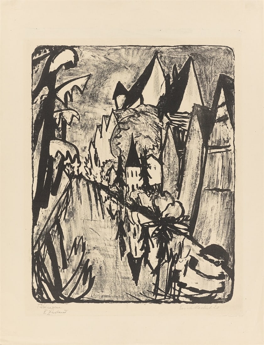 Erich Heckel. ”Tübingen”. 1920: Erich Heckel (Döbeln 1883 – 1970 Radolfzell on Lake Constance). ”Tübingen”. 1920 Lithograph on heavy paper. 48,7 × 38,2