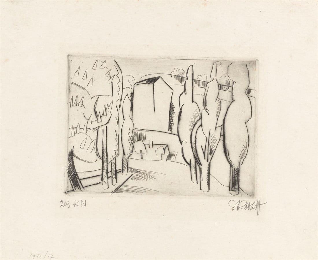 Karl Schmidt-Rottluff. ”Straße mit Pappeln”. 1920: Karl Schmidt-Rottluff (Rottluff 1884 – 1976 Berlin). ”Straße mit Pappeln”. 1920 Etching and drypoint on heavy paper. 17,1 × 23,5 cm