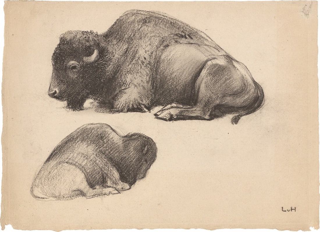 Ludwig von Hofmann. Liegender Bison in zwei Ansichten (Reclining bison in two different…. Circ: Ludwig von Hofmann (Darmstadt 1861 – 1945 Pillnitz). Liegender Bison in zwei Ansichten (Reclining bison in two different views). Circa 1900 Chalk on laid paper. 26 × 35,7 cm