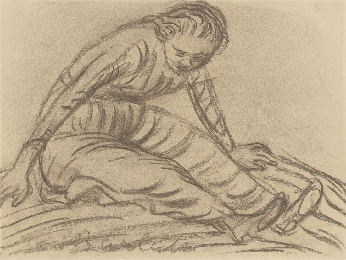 Ernst Barlach. ”Sitzendes Mädchen”. 1913: Ernst Barlach (Wedel 1870 – 1938 Rostock). ”Sitzendes Mädchen”. 1913 Charcoal on paper (from a sketch book). 22,7 × 30 cm