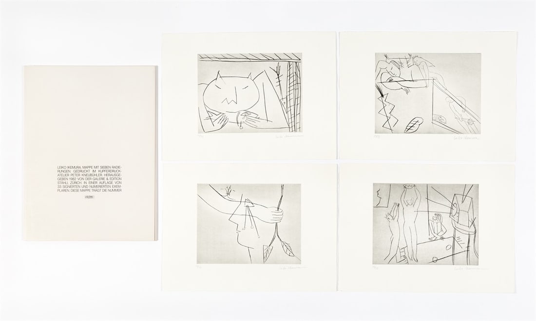 Leiko Ikemura. ”Mappe mit 7 Radierungen”. 1982: Leiko Ikemura (Tsu/Japan 1951 – lives in Berlin). ”Mappe mit 7 Radierungen”. 1982 Original cardboard portfolio with 7 etchings, each on wove paper. Portfolio: