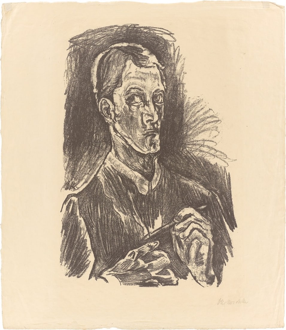 Oskar Kokoschka. ”Selbstbildnis (Brustbild mit Zeichenstift)”. 1914/16-18: Oskar Kokoschka (Pöchlarn 1886 – 1980 Montreux). ”Selbstbildnis (Brustbild mit Zeichenstift)”. 1914/16-18 Lithograph on firm cream Japan paper. 45,5 × 30,5 c
