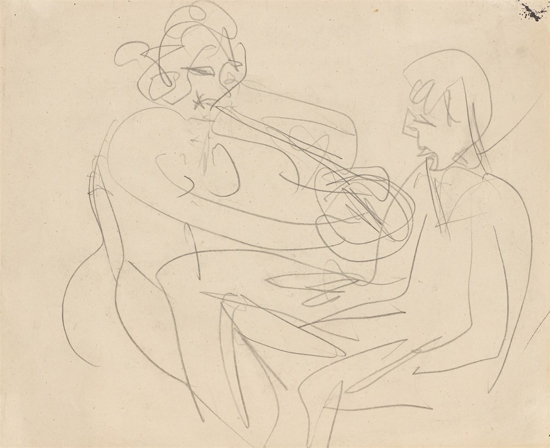Ernst Ludwig Kirchner. ”Liebespaar”. Circa 1915: Ernst Ludwig Kirchner (Aschaffenburg 1880 – 1938 Davos). ”Liebespaar”. Circa 1915 Pencil on paper. 21,7 × 16,9 cm