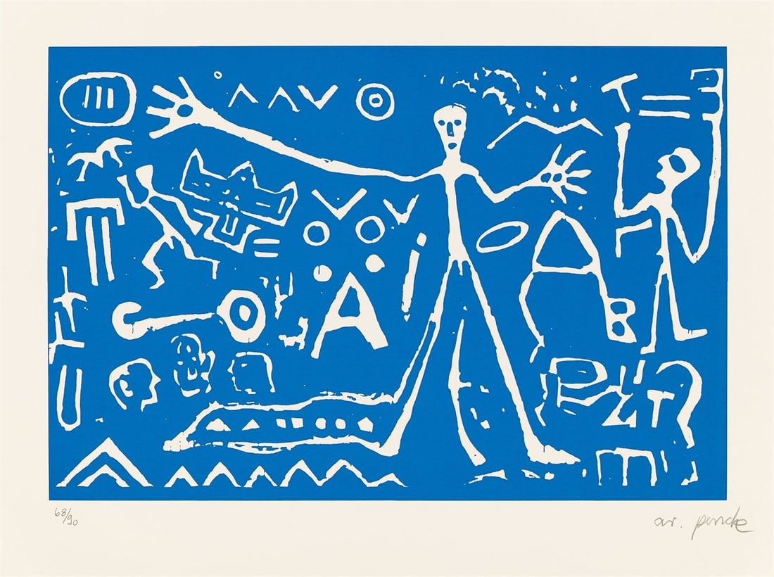A.R. Penck. ”Northern Darkness”. 1987: A.R. Penck (Dresden 1939 – 2017 Zurich). ”Northern Darkness”. 1987 Colour silkscreen on wove paper. 46,7 × 69,8 cm (60,5 × 80 cm)
