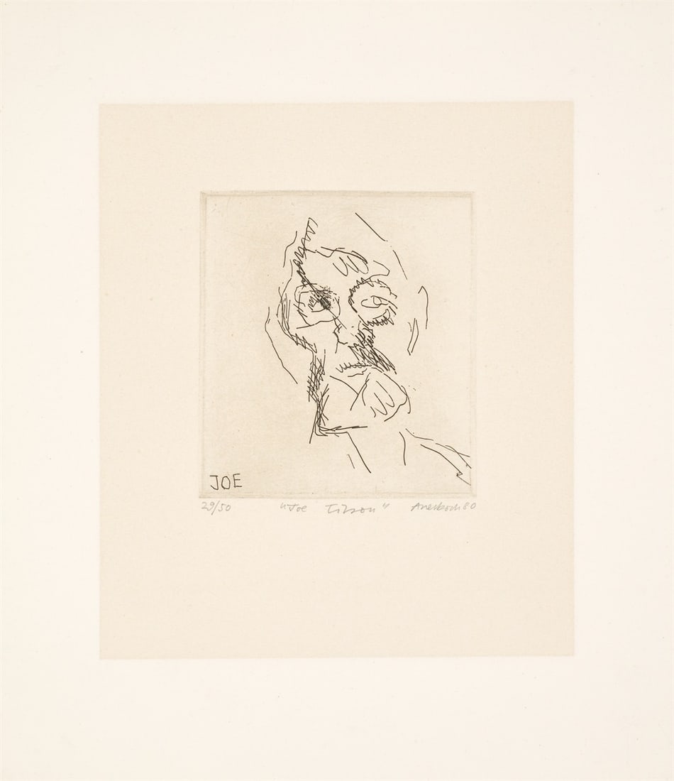 Frank Auerbach. ”Joe Tilson”. 1980: Frank Auerbach (Berlin 1931 – 2024 London). ”Joe Tilson”. 1980 Etching on wove paper. 15,5 × 14 cm (39,7 × 34,5 cm)