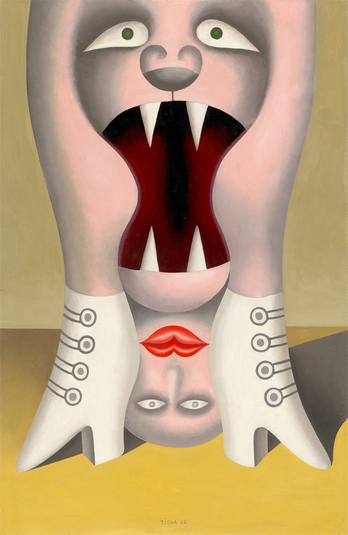 Hans Ticha. ”Kleiner Zirkus”. 1982: Hans Ticha (Bodenbach (today Děčín/Czech Republic) 1940 – lives in Maintal). ”Kleiner Zirkus”. 1982 Oil on masonite. 79,6 × 51,8 cm