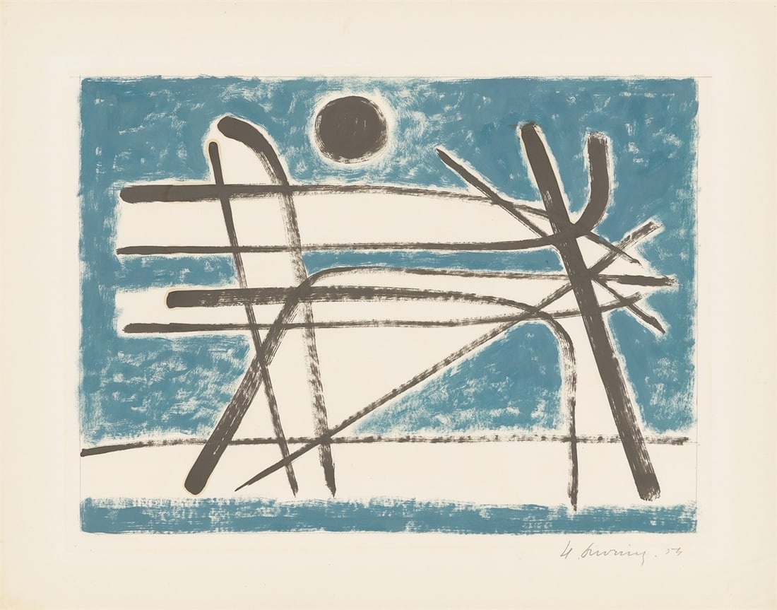 Heinrich Maria Davringhausen. ”Schwarze Sonne mit Blau”. 1954: Heinrich Maria Davringhausen (Aachen 1894 – 1970 Nice). ”Schwarze Sonne mit Blau”. 1954 Gouache, oil and pencil on thin paper. 51 × 65,3 cm