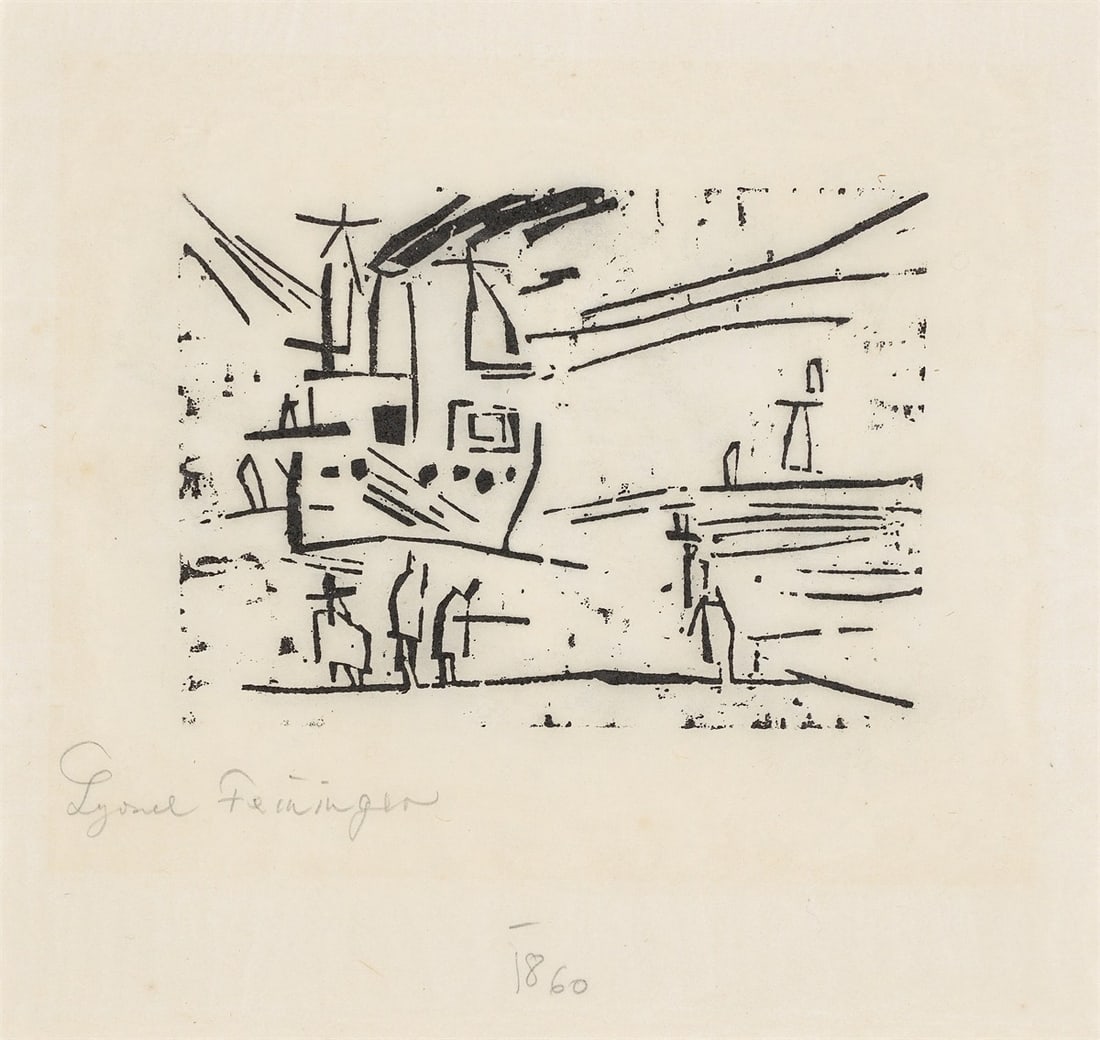 Lyonel Feininger. ”Ausfahrender Dampfer Odin”. 1918: Lyonel Feininger (1871 – New York – 1956). ”Ausfahrender Dampfer Odin”. 1918 Woodcut on Japan laid paper. 8,2 × 11,3 cm