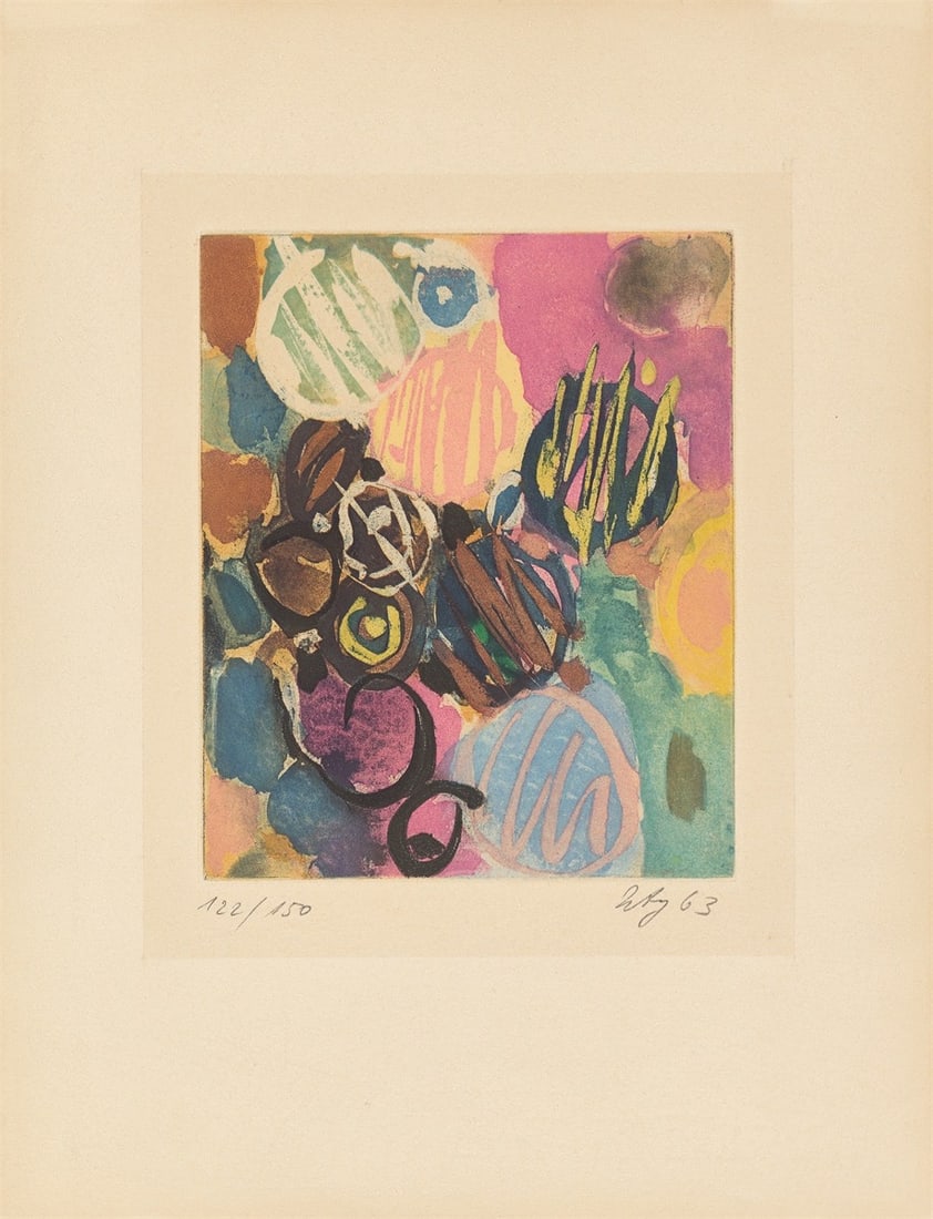 Ernst Wilhelm Nay. ”Farbaquatinta 1963 - 1 (NOR)”. 1963: Ernst Wilhelm Nay (Berlin 1902 – 1968 Cologne). ”Farbaquatinta 1963 - 1 (NOR)”. 1963 Colour aquatint on BFK Rives wove paper. 17 × 14 cm