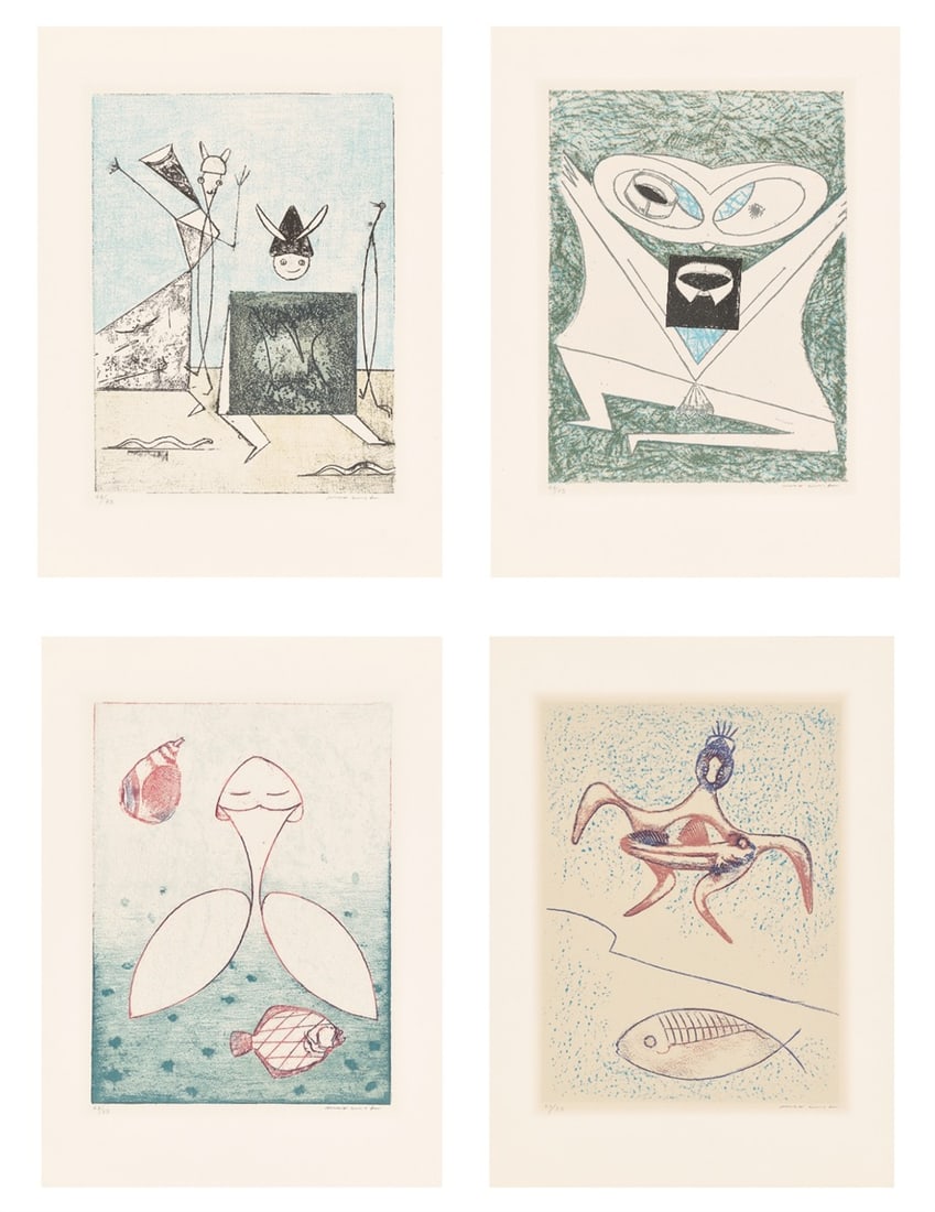 Max Ernst. ”Zu: Pierre Hebey, Festin”. 1974: Max Ernst (Brühl 1891 – 1976 Paris). ”Zu: Pierre Hebey, Festin”. 1974 12 colour lithographs, each on Arches wove paper. Also, an original linen-covered box with 12 colour