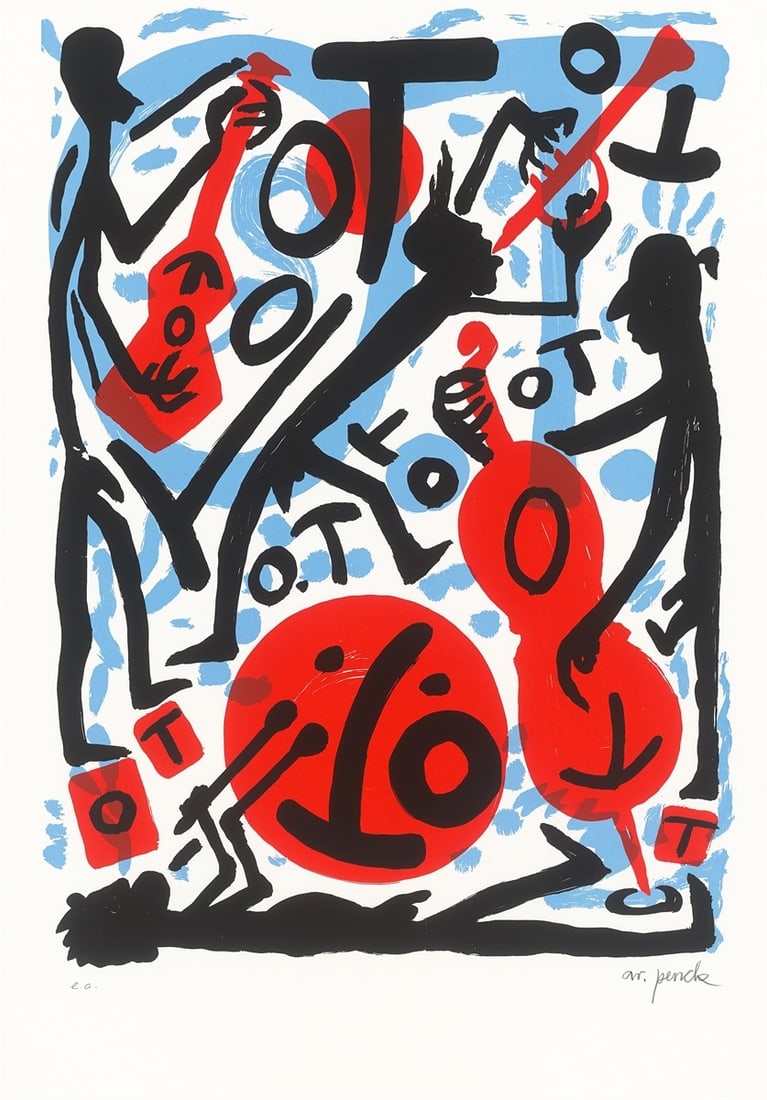 A.R. Penck. Jazz Combo. 1999: A.R. Penck (Dresden 1939 – 2017 Zurich). Jazz Combo. 1999 Colour silkscreen on laid paper. 86 × 62,5 cm (100 × 70 cm)