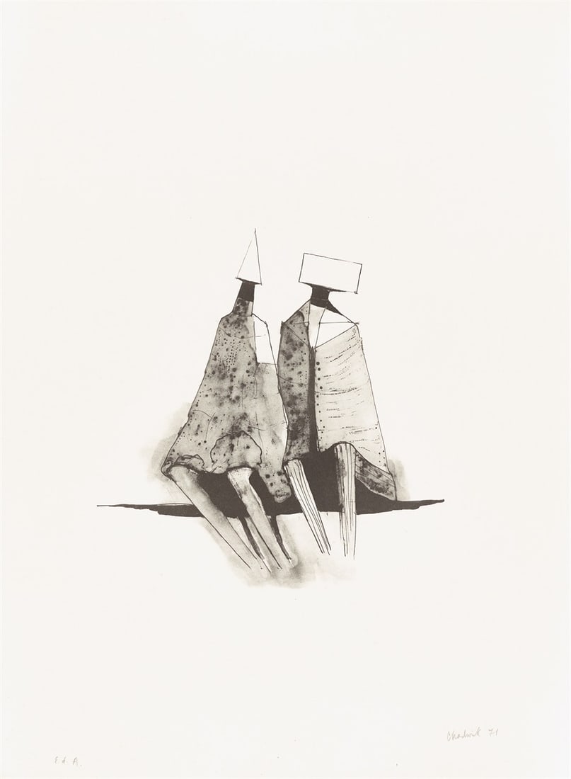 Lynn Chadwick. ”Two sitting figures”. 1971: Lynn Chadwick (London 1914 – 2003 Lypiatt Park/Gloucestershire). ”Two sitting figures”. 1971 Lithograph on BFK Rives wove paper. 34,5 × 33,6 cm