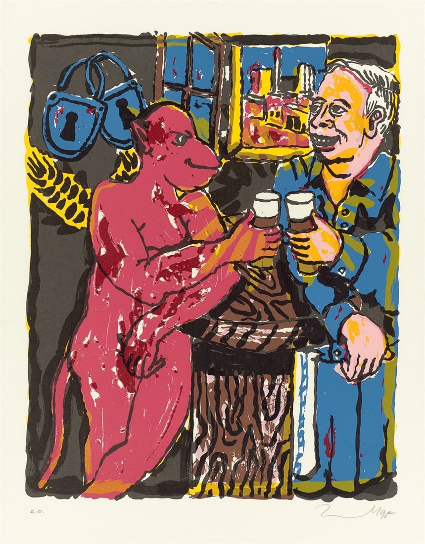 Jörg Immendorff. ”Schlösser”. 1998: Jörg Immendorff (Bleckede/Elbe 1945 – 2007 Düsseldorf). ”Schlösser”. 1998 Colour silkscreen on laid paper. 40 × 50 cm