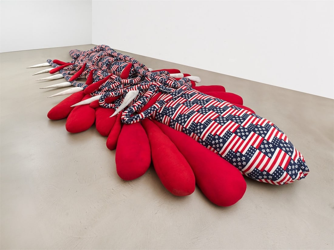 Sterling Ruby. Pile (4129). 2012: Sterling Ruby (Bitburg/Germany 1972 – lives in Los Angeles). Pile (4129). 2012 Fabric and fibre filling (4 parts: RWB Drop, Vampire Flag and 2 Butterflies). Variable dimensions, overall