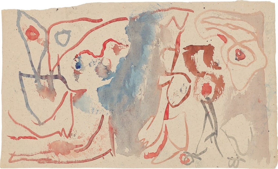 Pierre Alechinsky. ”Au pays du papier”. 1961: Pierre Alechinsky (Brussels 1927 – lives in Bougival near Paris). ”Au pays du papier”. 1961 Watercolour on greyish laid paper, mounted on light cardboard. 27