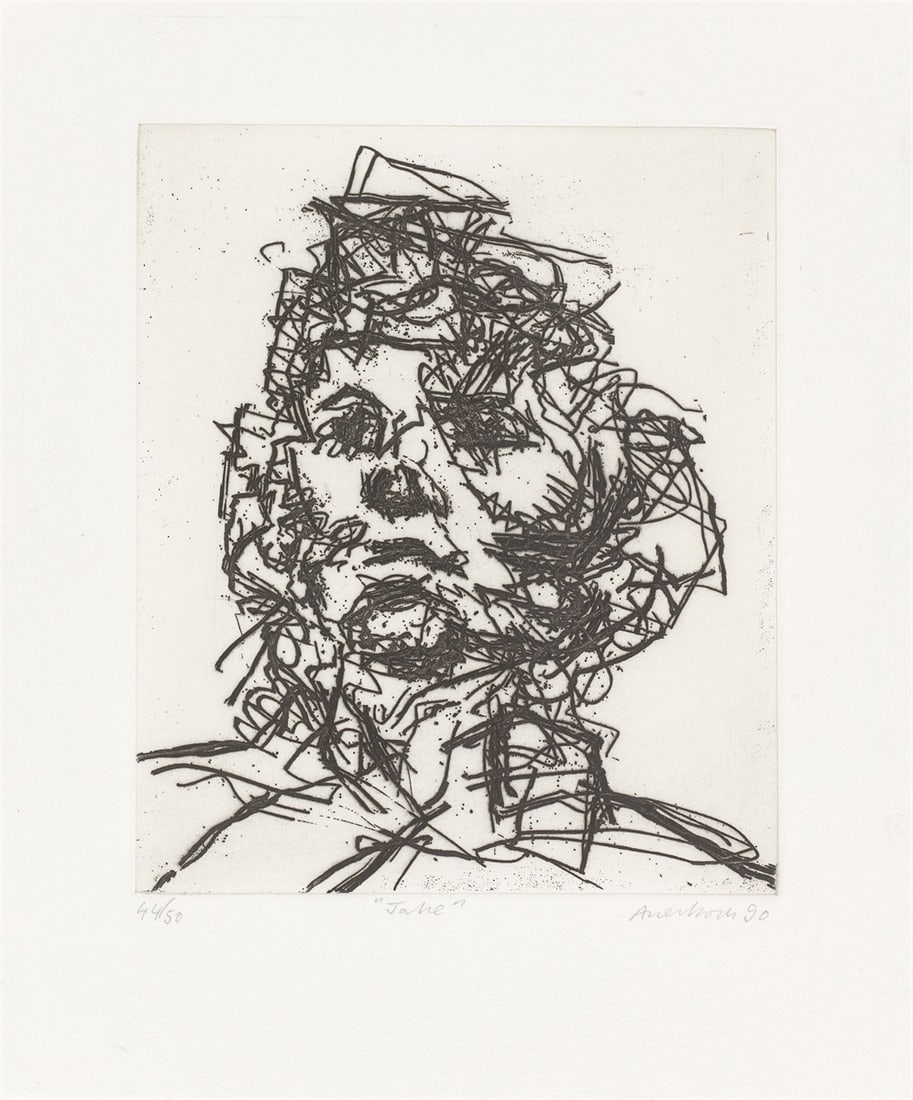 Frank Auerbach. ”Jake”. 1990: Frank Auerbach (Berlin 1931 – 2024 London). ”Jake”. 1990 Etching on wove paper. 17,7 × 14,7 cm (25,7 × 21,2 cm)