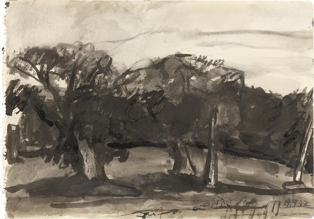 Klaus Fußmann. ”Gelting”. 1977: Klaus Fußmann (Velbert 1938 – lives in Berlin and Gelting). ”Gelting”. 1977 India ink, washed, on paper (from a sketch book). 29,4 × 42 cm (11 ⅝&n