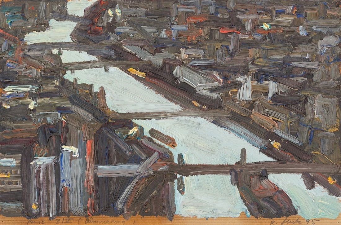 Ralph Fleck. ”Paris 3/V (Dämmerung)”. 1995: Ralph Fleck (Freiburg 1951 – lives in Freiburg). ”Paris 3/V (Dämmerung)”. 1995 Oil on packing paper. 20 × 30 cm