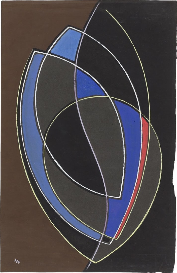 Adolf Fleischmann. Untitled. 1947: Adolf Fleischmann (Esslingen am Neckar 1892 – 1968 Stuttgart). Untitled. 1947 Gouache on black laid paper. 50,1 × 32,2 cm