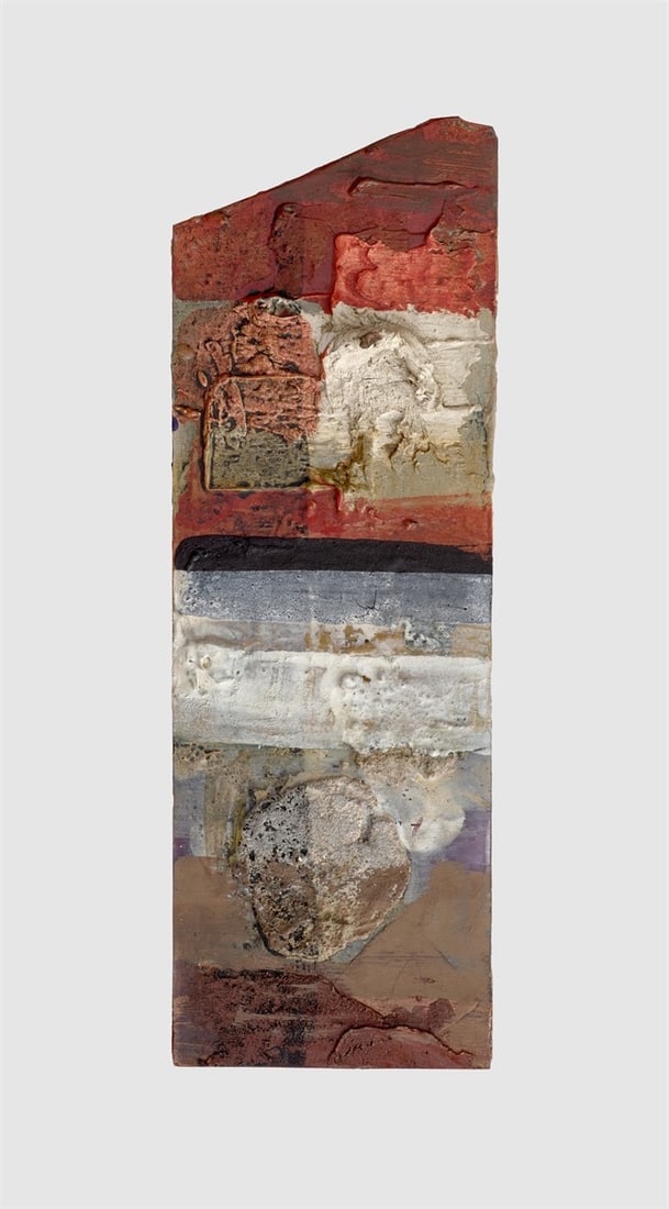 Hermann Glöckner. Flecke über Farbstreifen. 1960: Hermann Glöckner (Cotta near Dresden 1889 – 1987 Berlin). Flecke über Farbstreifen. 1960 Plaster, sand and lacquer on shard of glass.