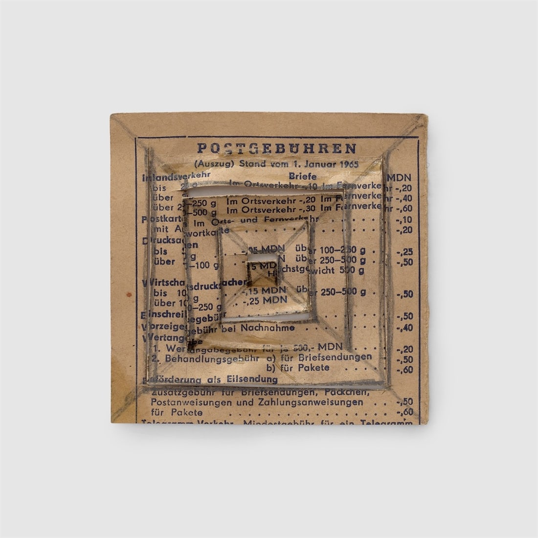 Hermann Glöckner. ”Erster Entwurf für 4 bewegliche Quadrate”. 1965: Hermann Glöckner (Cotta near Dresden 1889 – 1987 Berlin). ”Erster Entwurf für 4 bewegliche Quadrate”. 1965 Pencil on and cuts in paper (typographic postage rate guide).