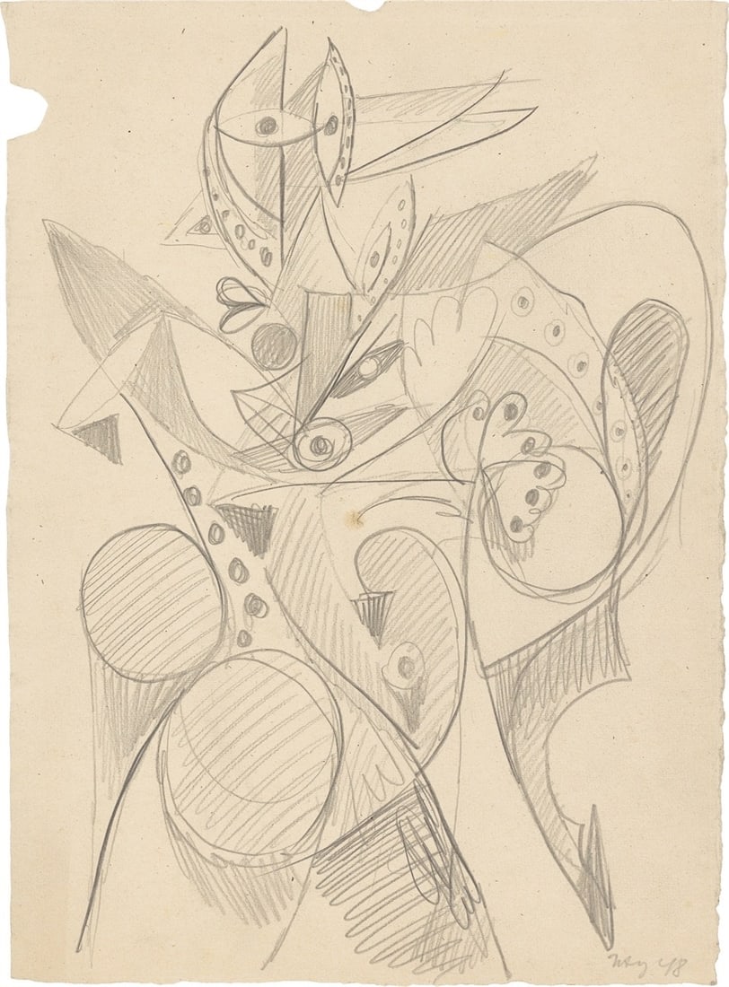 Ernst Wilhelm Nay. ”Hirte”. 1948: Ernst Wilhelm Nay (Berlin 1902 – 1968 Cologne). ”Hirte”. 1948 Pencil on heavy paper. 35 × 25,6 cm (13 ¾ × 10 ⅛ in.).