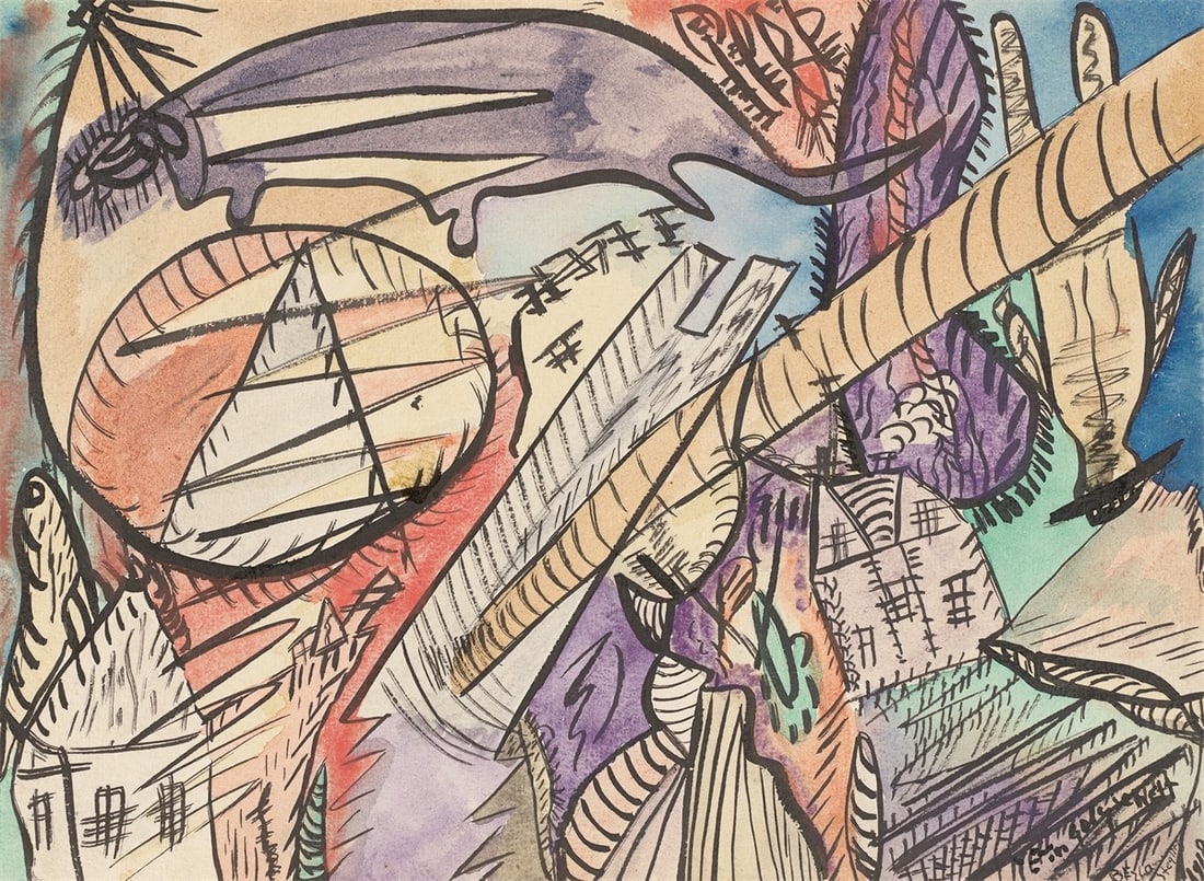 Jefim Golyscheff. ”Berlin Steglitz”. 1918: Jefim Golyscheff (Cherson 1897 – 1970 Paris). ”Berlin Steglitz”. 1918 India ink and watercolour on heavy paper. 22 × 29,9 cm