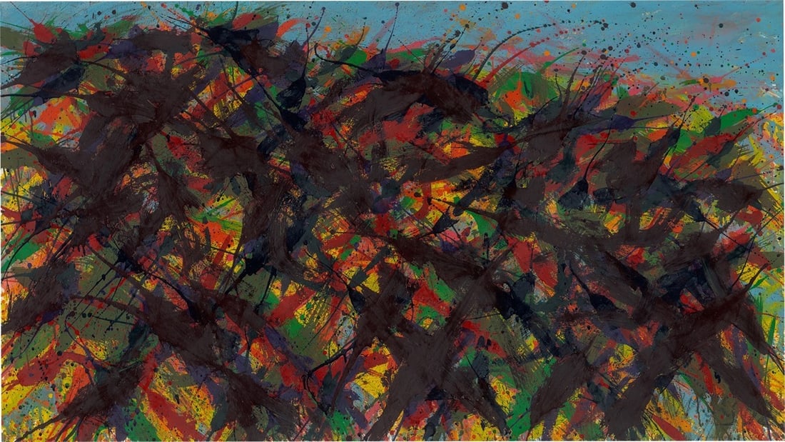 Max Uhlig. ”Paysage de mai près de Faucon”. 1992: Max Uhlig (Dresden 1937 – lives in Dresden). ”Paysage de mai près de Faucon”. 1992 Oil on canvas. 110 × 200 cm