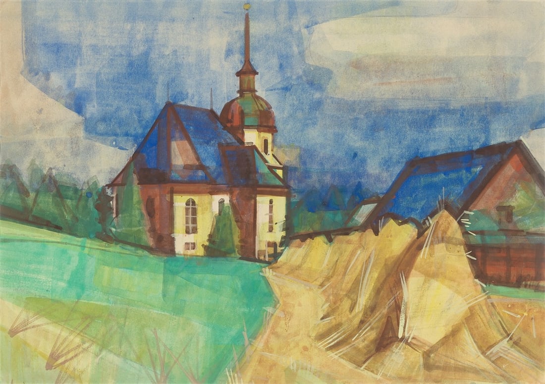 Hermann Glöckner. ”Kirche + Kornpuppen”. 1950: Hermann Glöckner (Cotta near Dresden 1889 – 1987 Berlin). ”Kirche + Kornpuppen”. 1950 Gouache on paper, in the artist mat. 29,4 × 41,6 cm