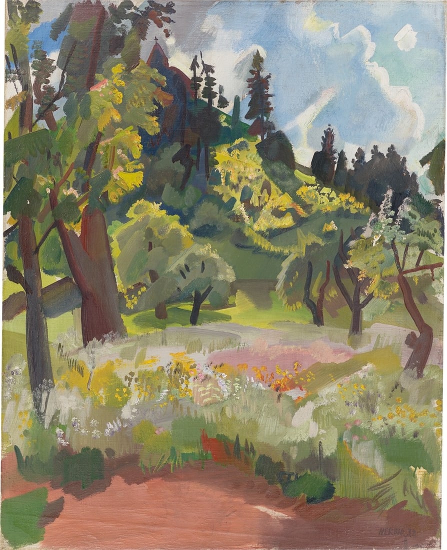 Otto Herbig. Mountain meadow with trees. 1932: Otto Herbig (Dorndorf 1889 – 1971 Weilheim). Mountain meadow with trees. 1932 Oil on canvas. 72,5 × 58,5 cm (28 ½ × 23 in.). Signed and dated