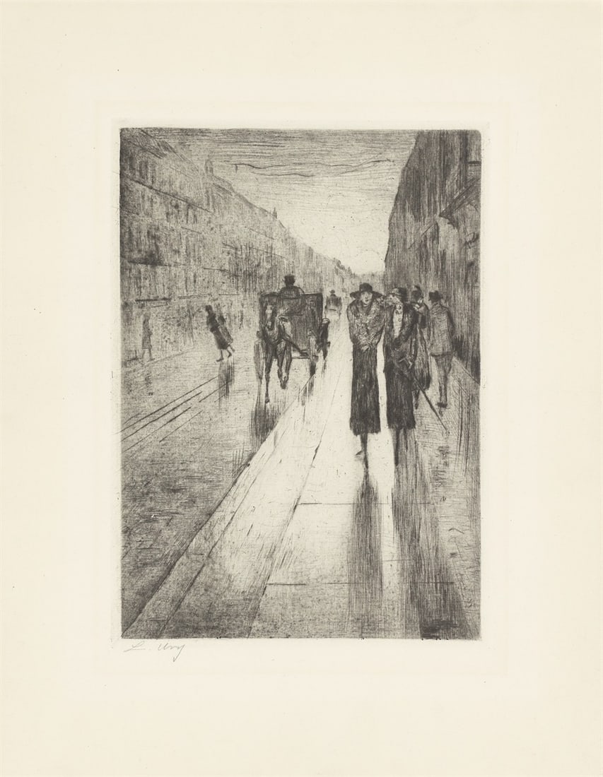 Lesser Ury. ”Spaziergänger im Regen vor Pferdedroschke”. 1919: Lesser Ury (Birnbaum/Poznań 1861 – 1931 Berlin). ”Spaziergänger im Regen vor Pferdedroschke”. 1919 Etching on heavy paper. 20,8 × 14,8 cm