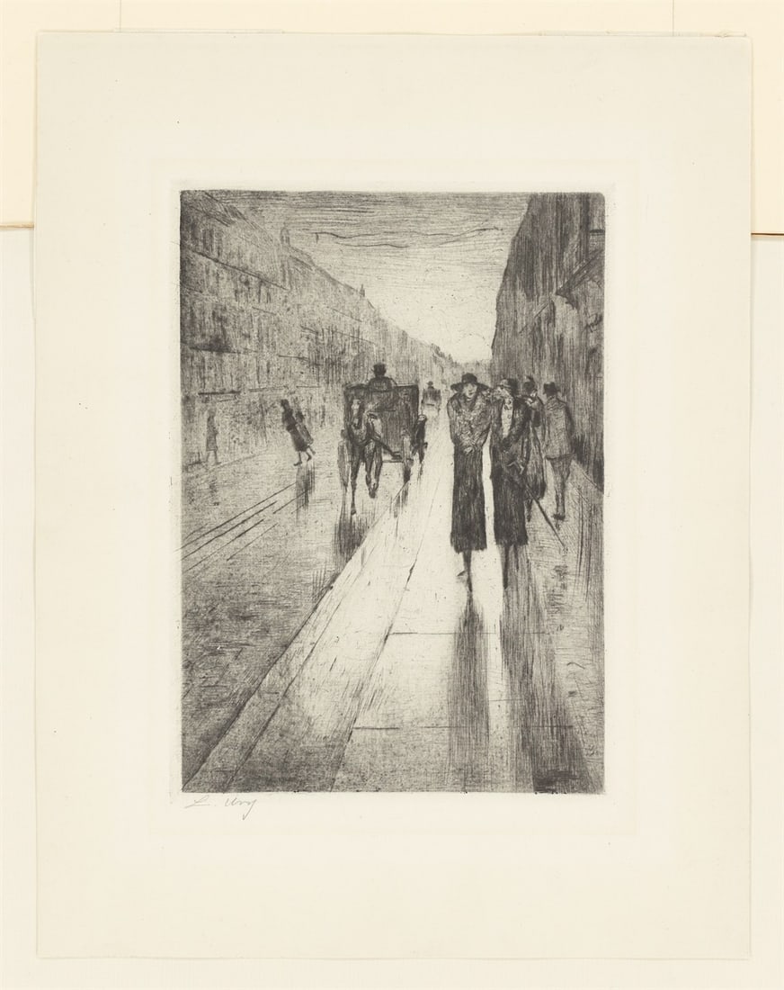 Lesser Ury. ”Spaziergänger im Regen vor Pferdedroschke”. 1919 - 2