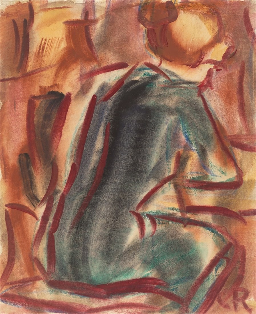 Christian Rohlfs. Seated girl, viewed from behind.: Christian Rohlfs (Niendorf 1849 – 1938 Hagen). Seated girl, viewed from behind. Tempera and coloured chalk on paper recycled by the artist. 47 × 38 cm