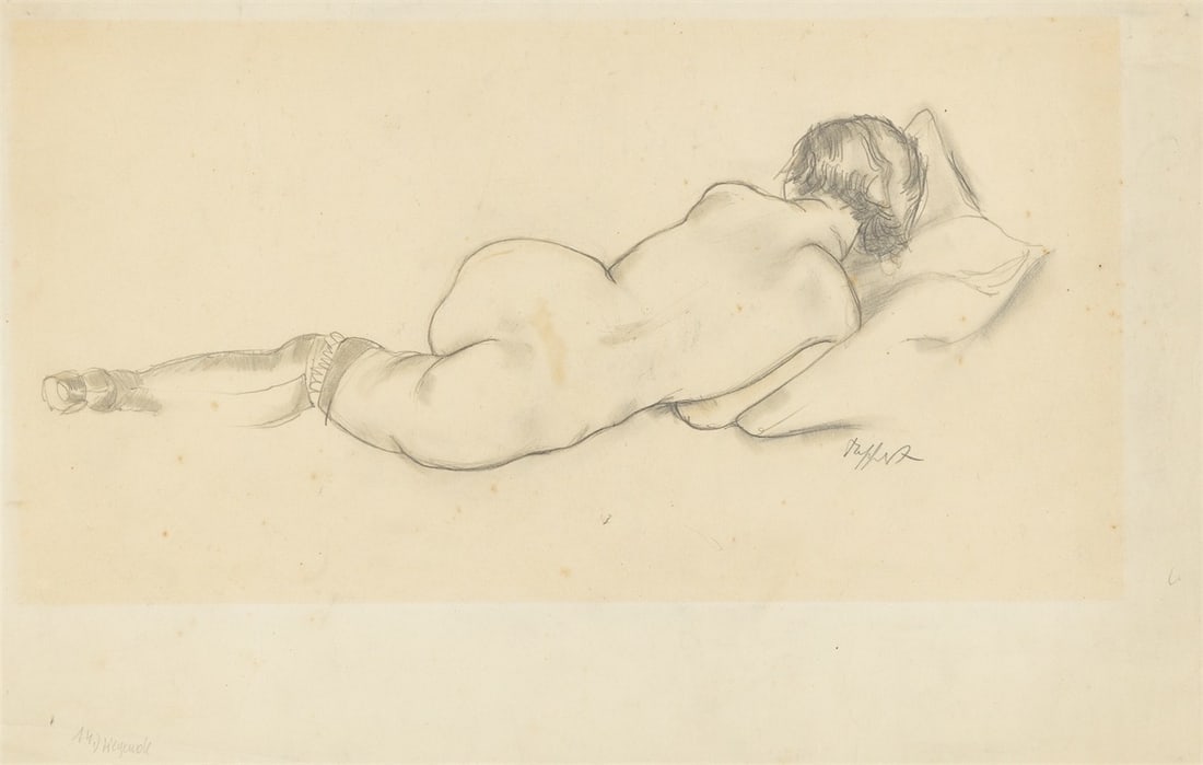 Georg Tappert. Reclining nude. 1920s: Georg Tappert (1880 – Berlin – 1957). Reclining nude. 1920s Pencil on paper (from a sketch book). 26,5 × 41,4 cm (10 ⅜ × 16 ¼ in.).