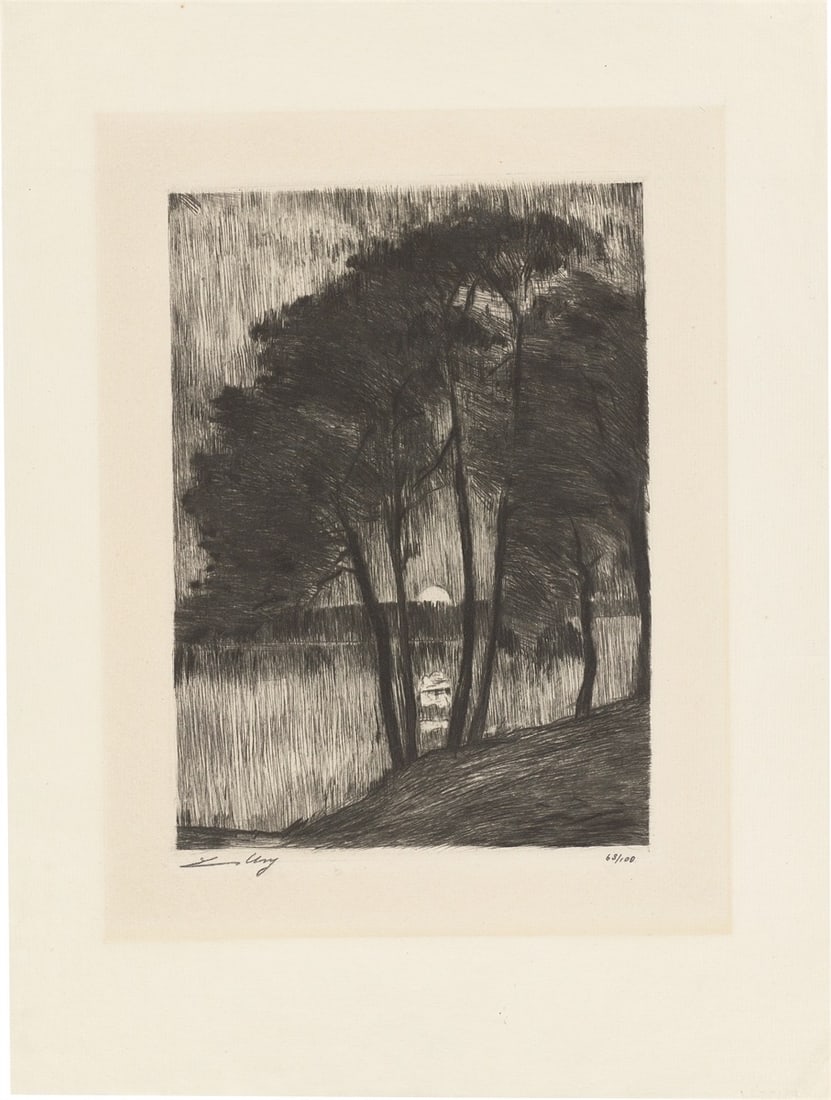 Lesser Ury. ”Sonnenuntergang am Grunewaldsee”. 1924: Lesser Ury (Birnbaum/Poznań 1861 – 1931 Berlin). ”Sonnenuntergang am Grunewaldsee”. 1924 Etching on laid paper. 21,1 × 15,3 cm