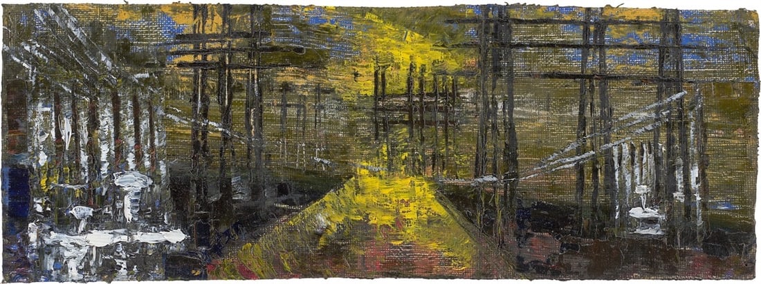 Gustav Deppe. ”Kleine Mastenarbeit”. 1952: Gustav Deppe (Essen 1913 – 1999 Witten). ”Kleine Mastenarbeit”. 1952 Oil on linen, on cardboard. 10,7 × 29,5 cm