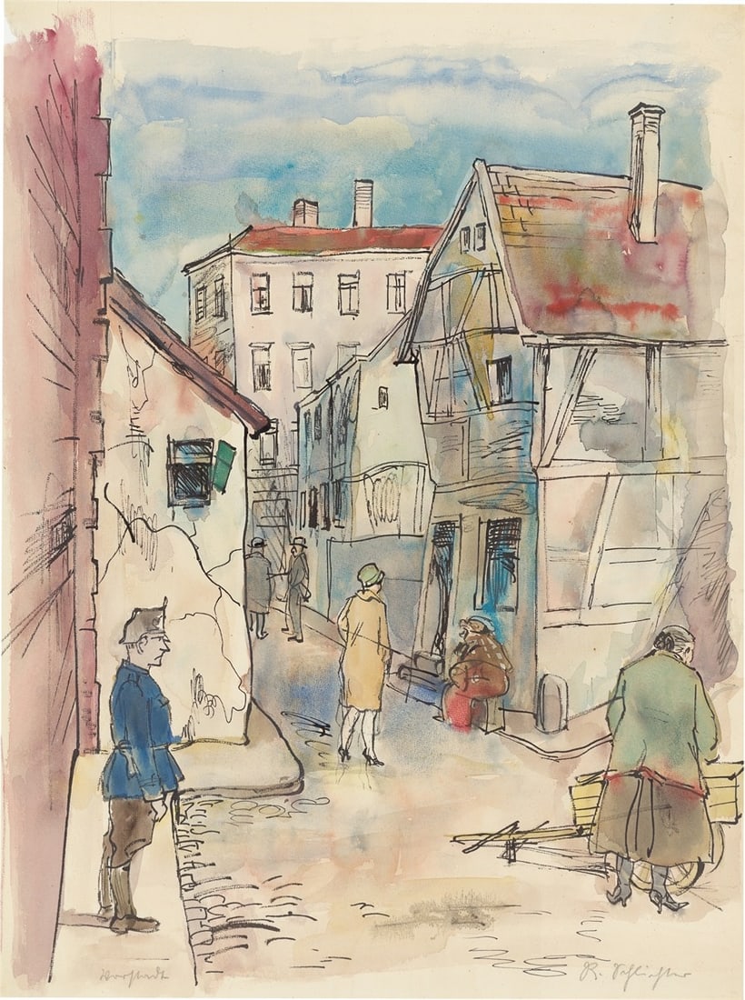 Rudolf Schlichter. ”Vorstadt”. Circa 1929/30: Rudolf Schlichter (Calw 1890 – 1955 Munich). ”Vorstadt”. Circa 1929/30 Watercolour and pen and India ink on paper. 55,9 × 42 cm