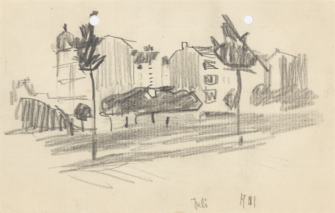 Lyonel Feininger. ”Stadthäuser, Berlin (City Houses, Berlin)”. 1901: Lyonel Feininger (1871 – New York – 1956). ”Stadthäuser, Berlin (City Houses, Berlin)”. 1901 Pencil on perforated laid paper. 11,3 × 17,5 cm