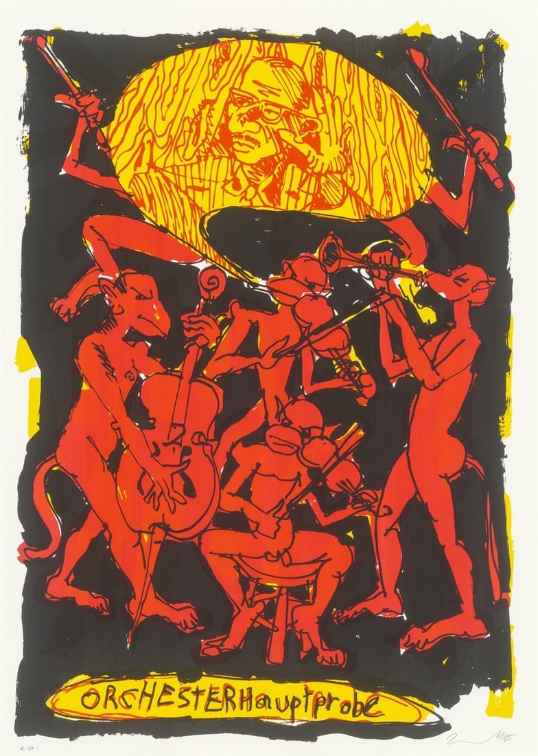 Jörg Immendorff. ”Orchesterhauptprobe”. 1995: Jörg Immendorff (Bleckede/Elbe 1945 – 2007 Düsseldorf). ”Orchesterhauptprobe”. 1995 Colour silkscreen on laid paper. 95,5 × 69 cm