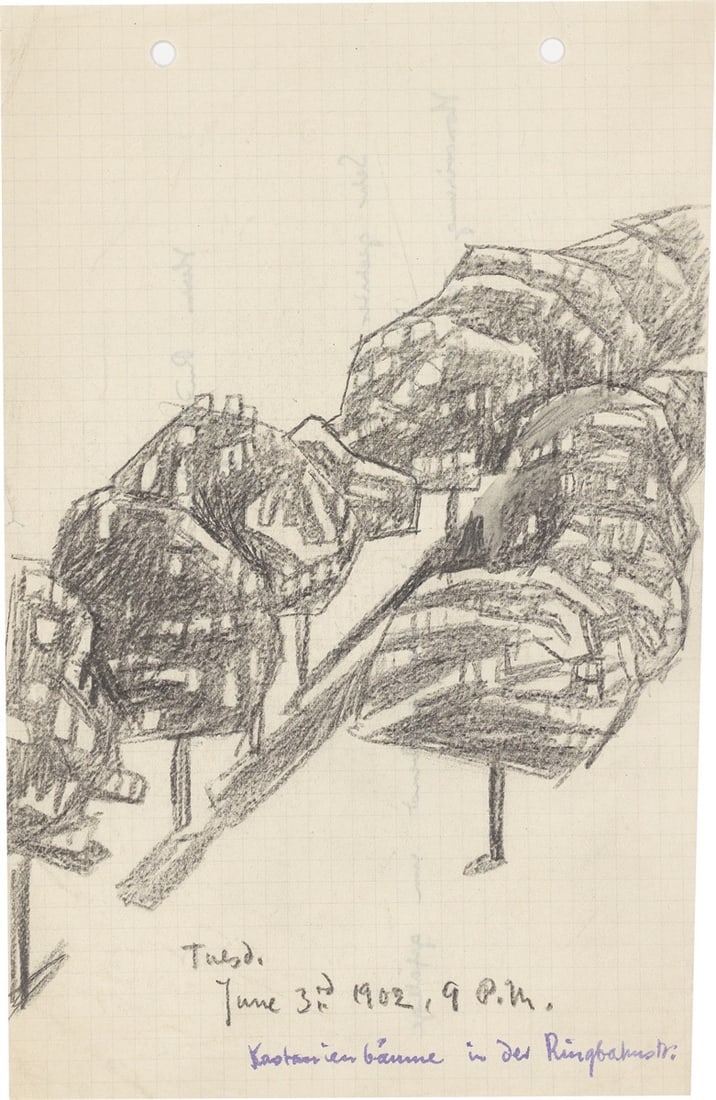 Lyonel Feininger. ”Kastanienbäume in der Ringbahnstraße”. 1902: Lyonel Feininger (1871 – New York – 1956). ”Kastanienbäume in der Ringbahnstraße”. 1902 Pencil on chequered perforated paper. 22,6 × 14,8 cm