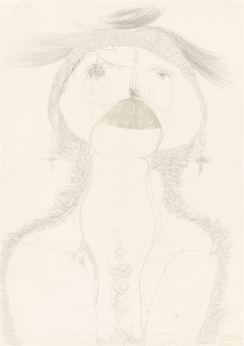 Gerhard Altenbourg. ”Das Mädchen mit dem Traum vom Riesenpenis”. 1966: Gerhard Altenbourg (Rödichen-Schnepfenthal 1926 – 1989 Meissen). ”Das Mädchen mit dem Traum vom Riesenpenis”. 1966 Pencil on light cardboard.