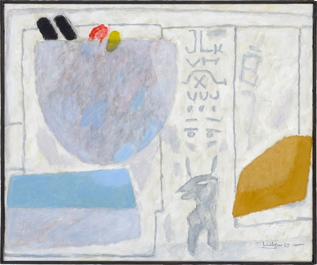 Hans Laabs. ”Hieroglyphen auf Weiss”. 1969: Hans Laabs (Trzebiatów 1915 – 2004 Berlin). ”Hieroglyphen auf Weiss”. 1969 Oil on canvas, with artist's framing. 50 × 60 cm